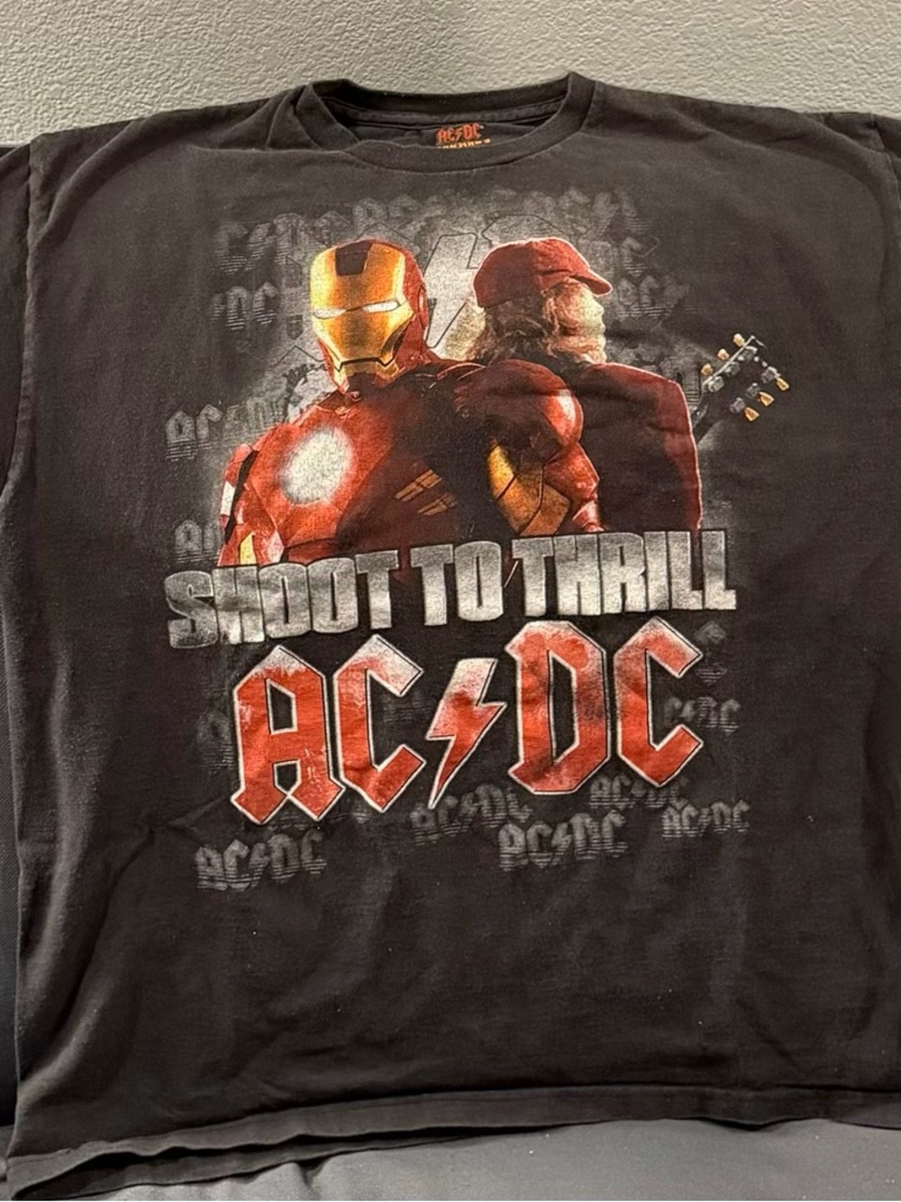 AC/DC Black Tee with Red & Gold Iron Man 'Shoot to Thrill' Graphic